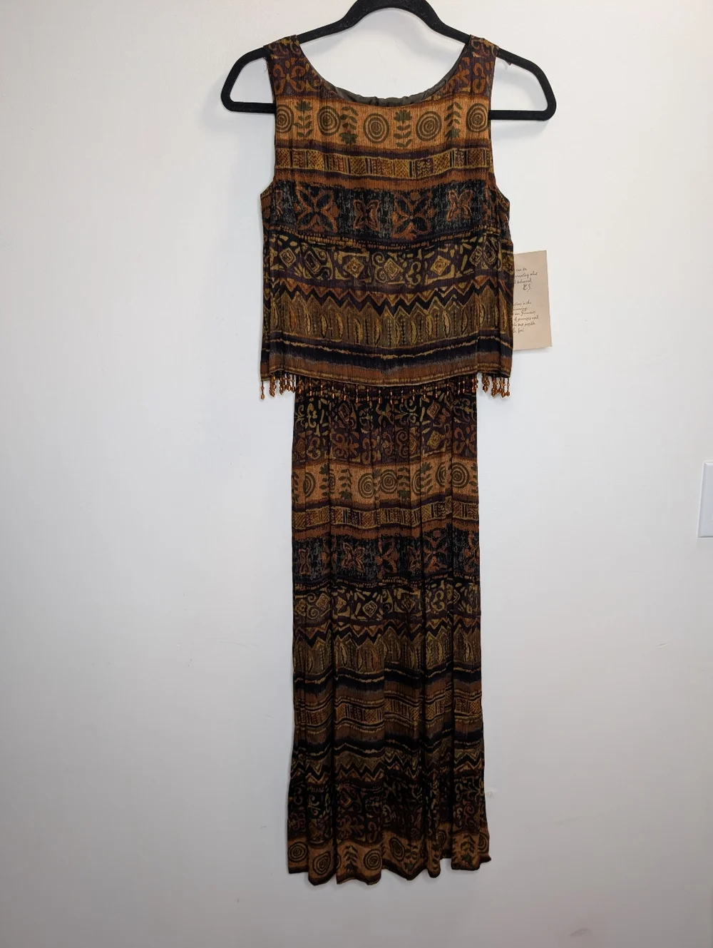 Earth Song Petite Boho Maxi Dress Brown Tribal Print Beaded Hem Size 2P - Picture 2 of 9